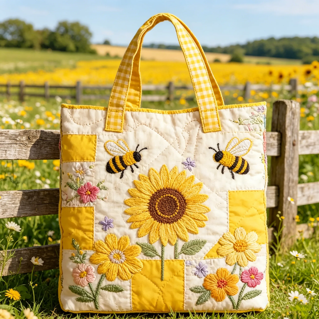 Elegancka quiltowana torba typu tote z motywem słonecznika i pszczół
