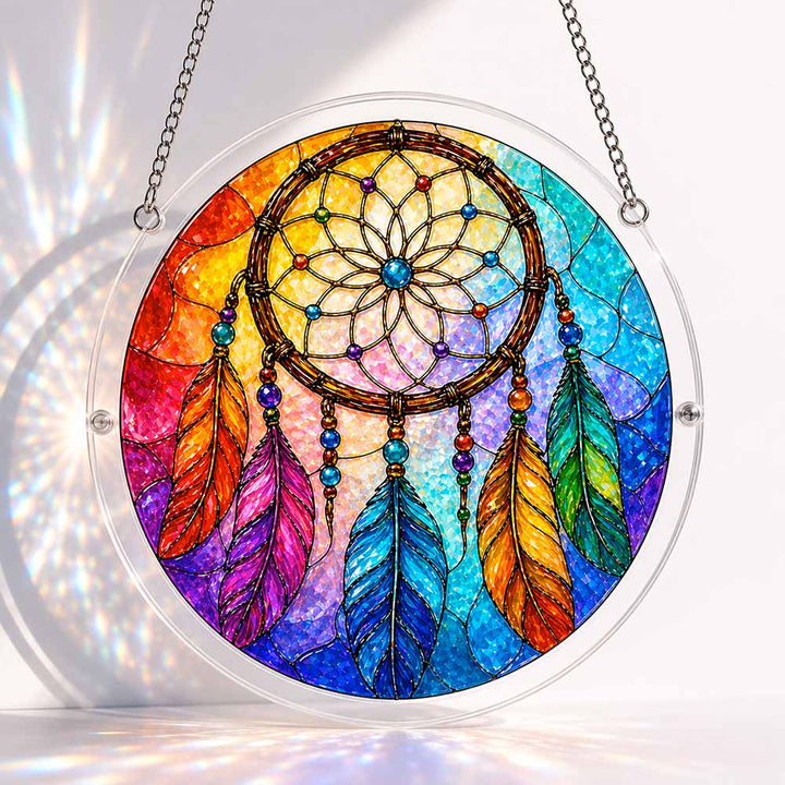 Akrylowy suncatcher w kształcie układanki – tęczowy łapacz snów