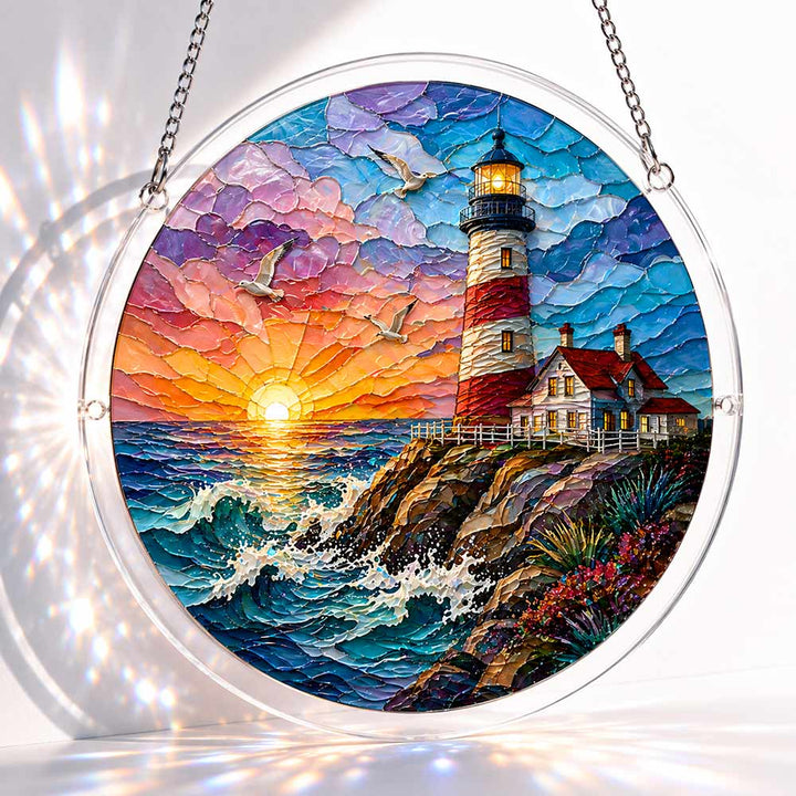 Akrylowa układanka-zawieszka okienna – Latarnia morska o zachodzie słońca