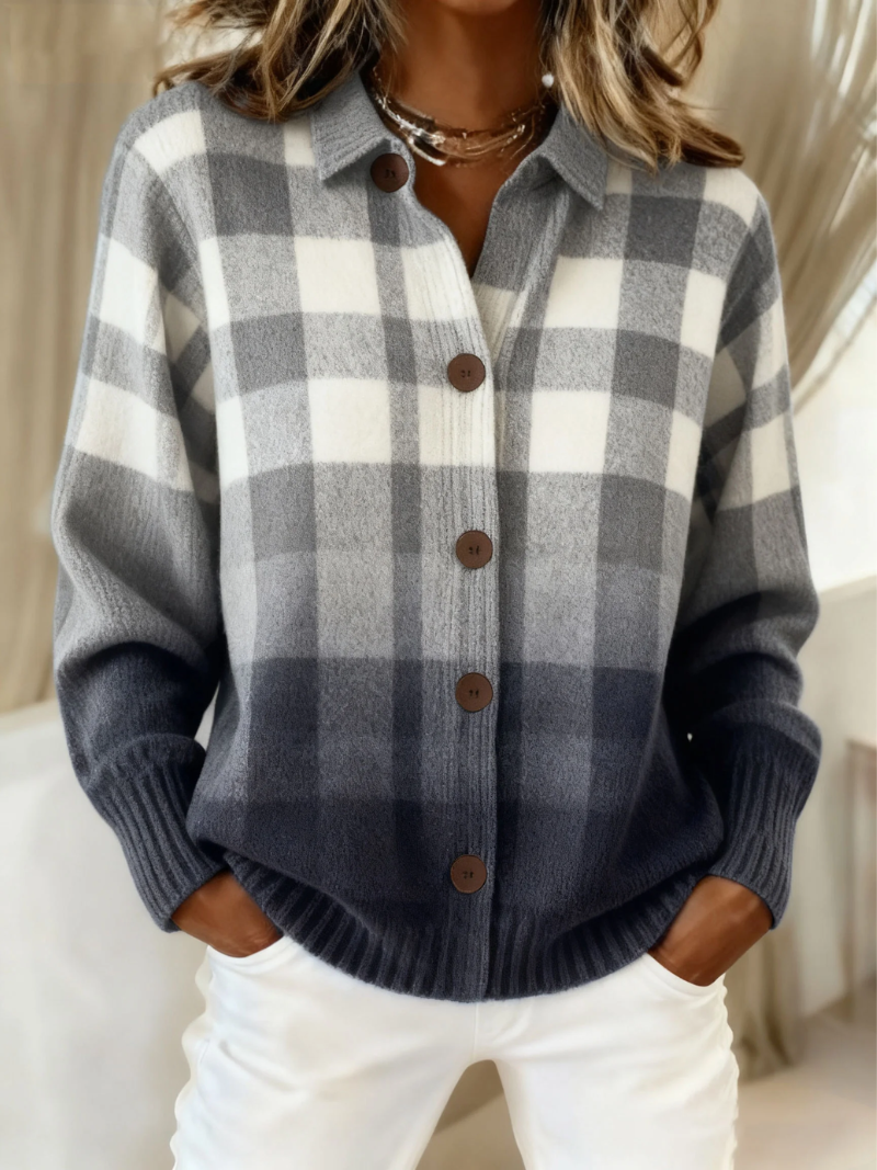Agnes | Cardigan w kratę z guzikami w odcieniu szaro-ombre