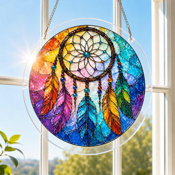Akrylowy suncatcher w kształcie układanki – tęczowy łapacz snów
