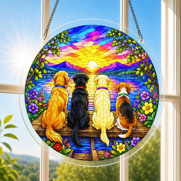 Akrylowy suncatcher z puzzli – Psy o zachodzie słońca