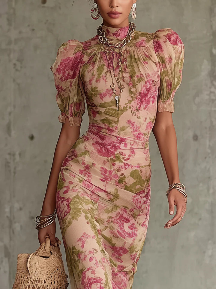 Fiora romantyczna sukienka maxi z bufiastymi rękawami w stylu vintage z motywem róż
