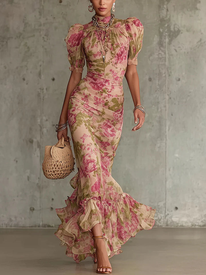 Fiora romantyczna sukienka maxi z bufiastymi rękawami w stylu vintage z motywem róż