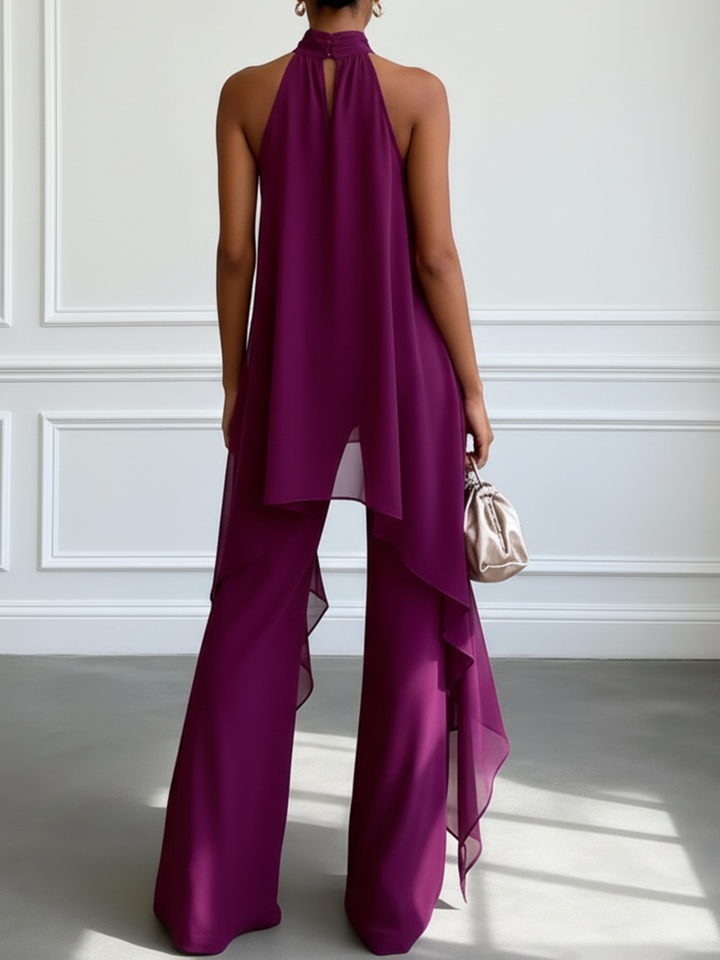 Purpurowy halterneckowy top bezrękawowy, elegancki dwuczęściowy zestaw z topem i spodniami