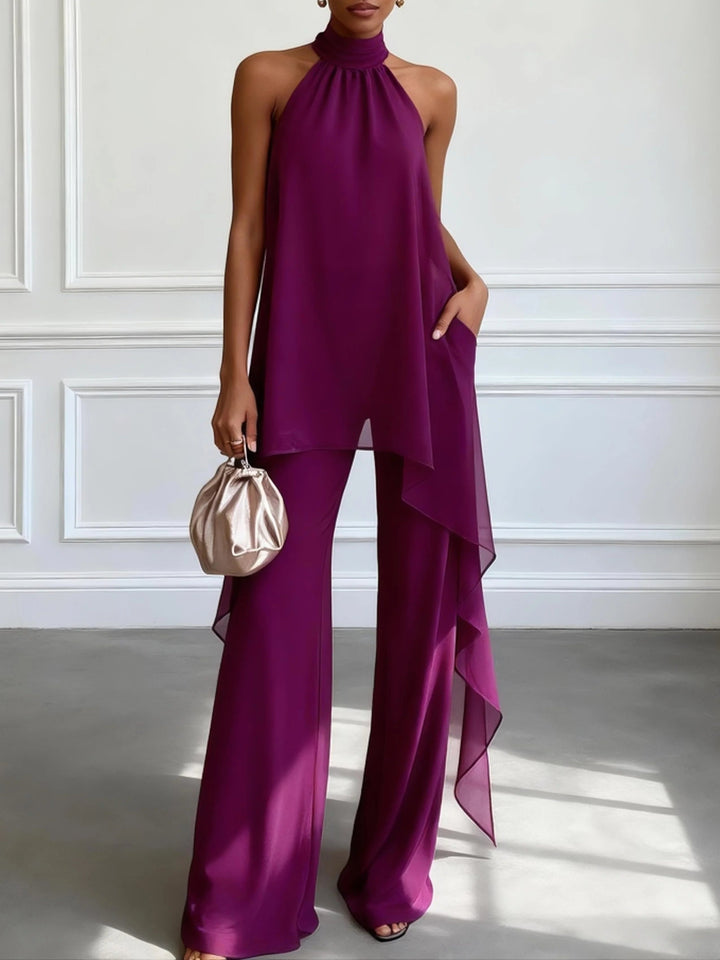 Purpurowy halterneckowy top bezrękawowy, elegancki dwuczęściowy zestaw z topem i spodniami