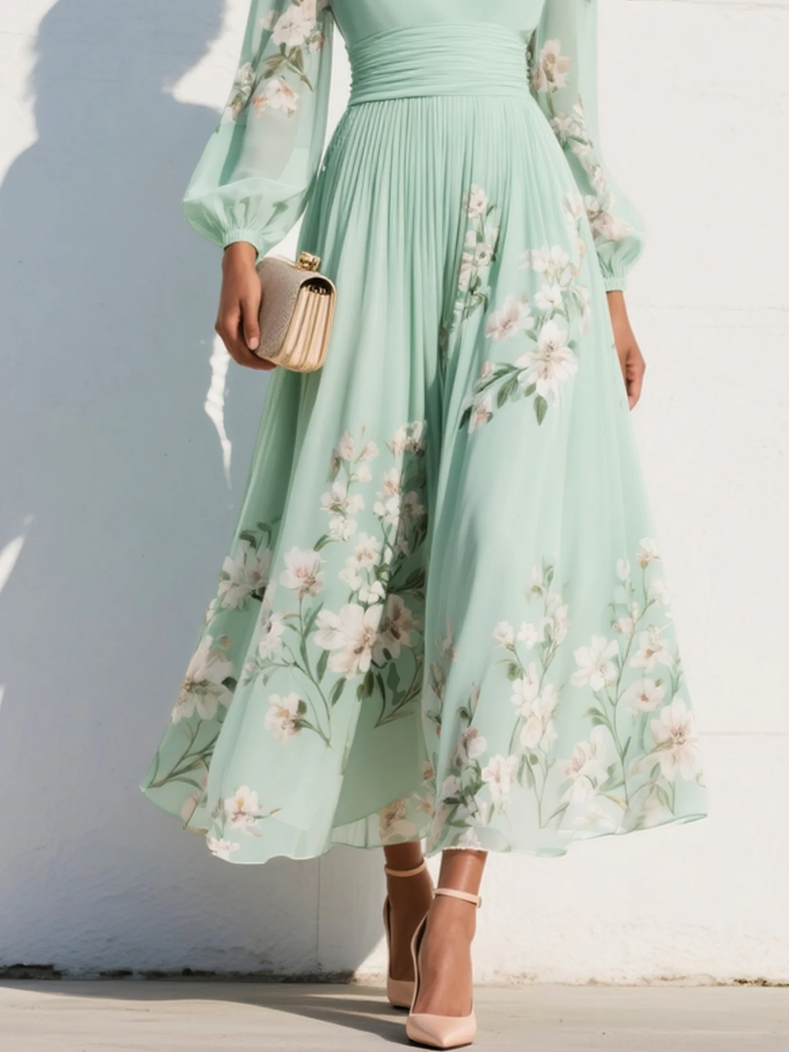 Elegancka miętowa maxi plisowana sukienka z chiffonu z kwiatowym nadrukiem dla kobiet