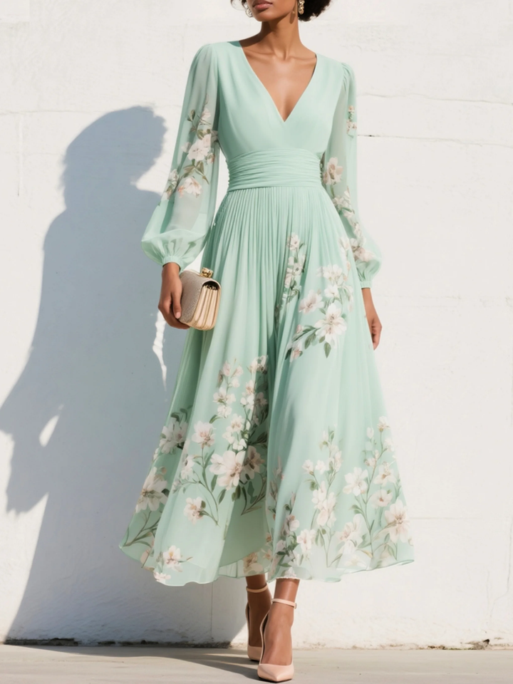 Elegancka miętowa maxi plisowana sukienka z chiffonu z kwiatowym nadrukiem dla kobiet