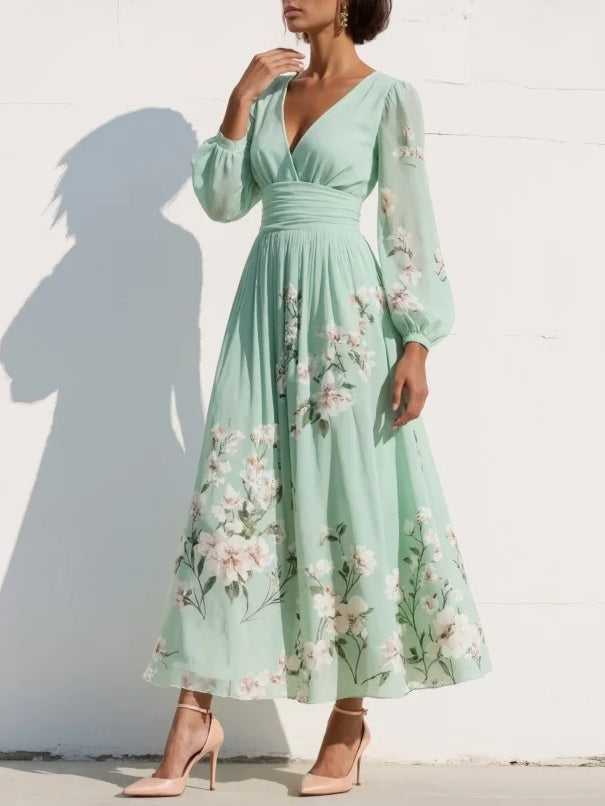 Elegancka miętowa maxi plisowana sukienka z chiffonu z kwiatowym nadrukiem dla kobiet