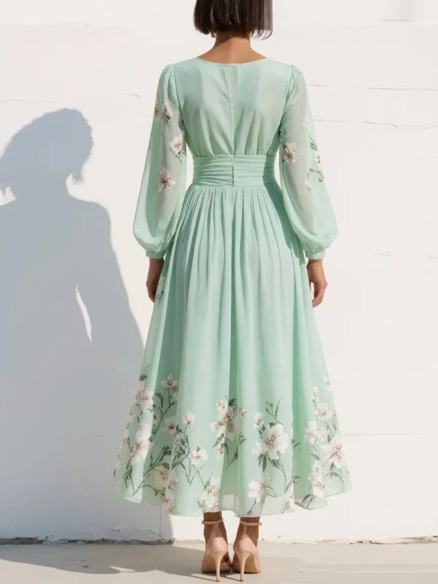 Elegancka miętowa maxi plisowana sukienka z chiffonu z kwiatowym nadrukiem dla kobiet