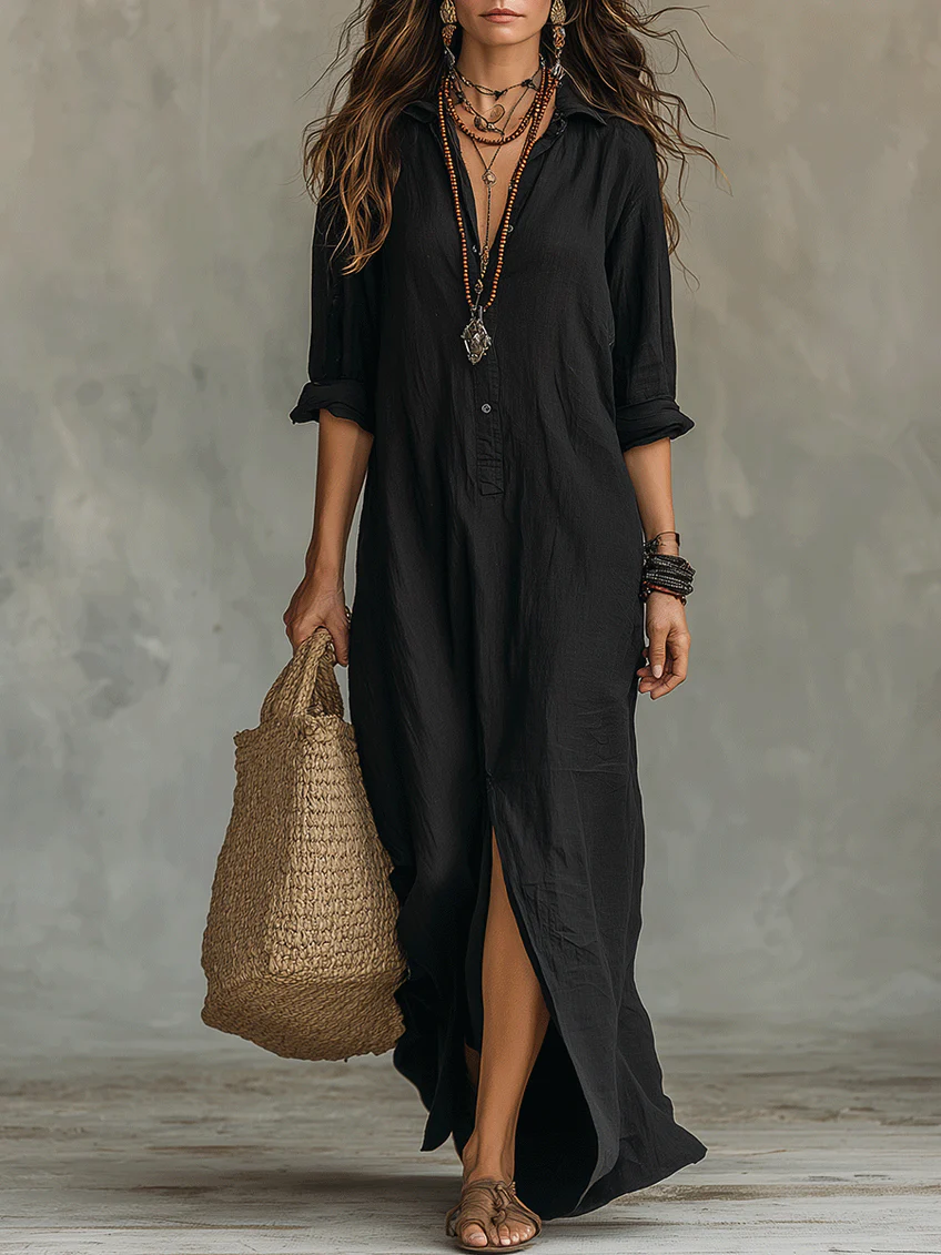 Alessia – Miękka czarna sukienka maxi z guzikami