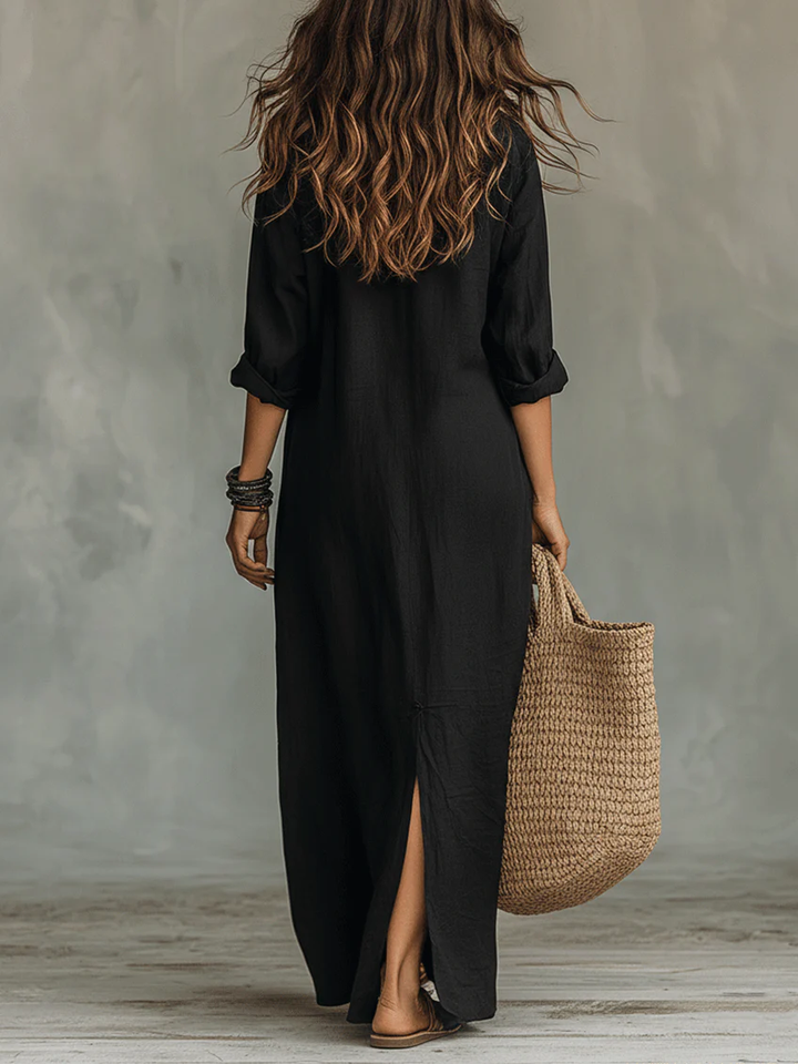 Soline™ | czarna sukienka maxi oversize z guzikami