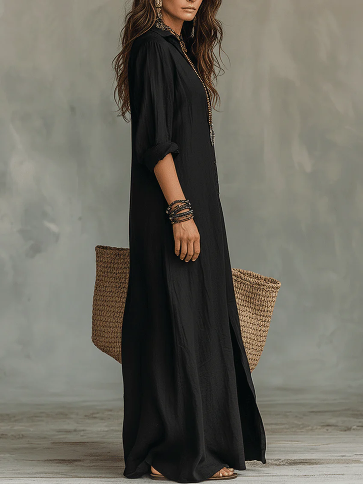 Soline™ | czarna sukienka maxi oversize z guzikami