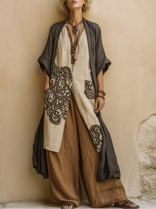 Giulia: Wyjątkowy trzyczęściowy zestaw boho nomad w odcieniach ciemnoszarego i brązowego z plemiennym wzorem