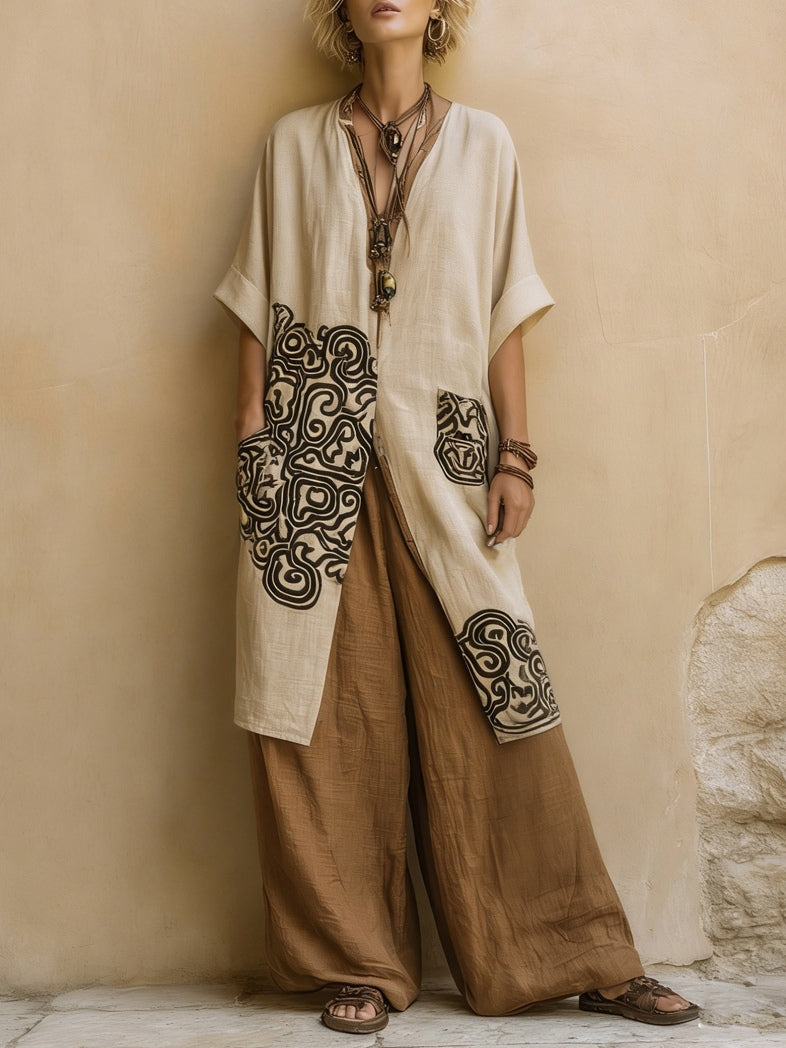 Giulia: Wyjątkowy trzyczęściowy zestaw boho nomad w odcieniach ciemnoszarego i brązowego z plemiennym wzorem