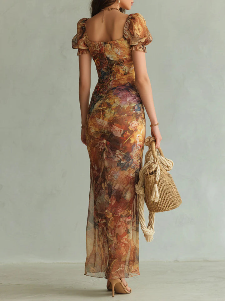 Viola | Elegancka długa suknia z szyfonu w pomarańczowym odcieniu z boho motywem inspirowanym malarstwem olejnym