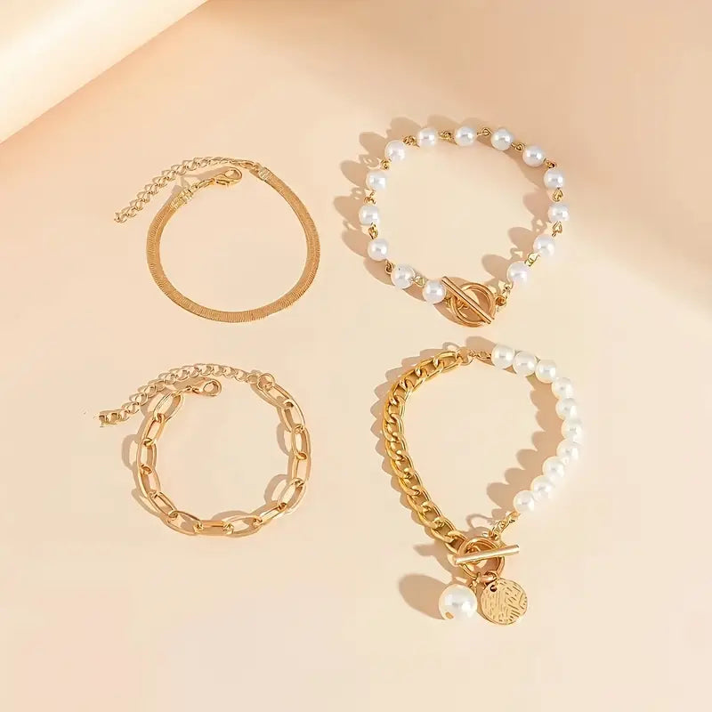 Elegancki zestaw 4 złotych bransoletek – splot żmijkowy, perełki i ogniwa | Złoto
