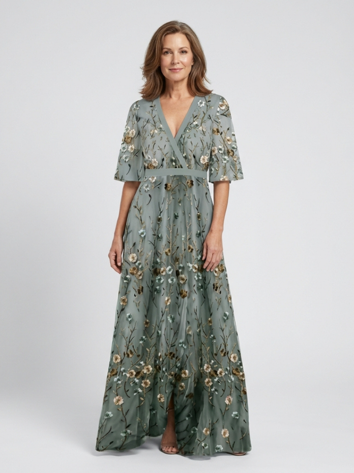 Stella & Grace™ | Sukienka maxi w kwiatowy wzór z dekoltem w serek i krótkimi rękawami
