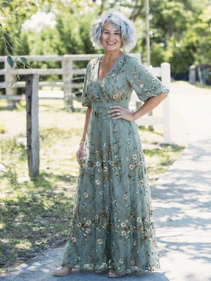 Stella & Grace™ | Sukienka maxi w kwiatowy wzór z dekoltem w serek i krótkimi rękawami