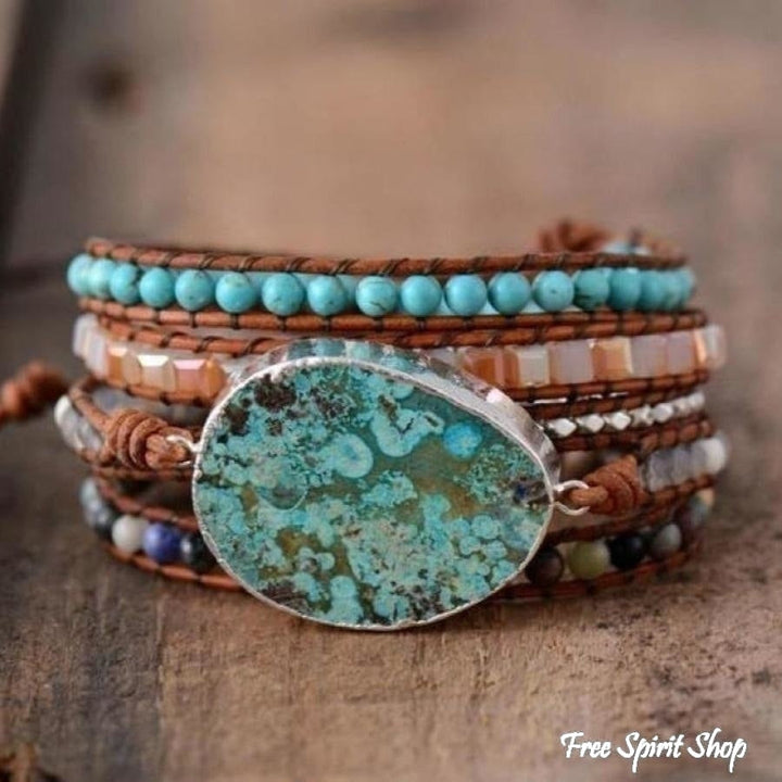 Ręcznie wykonana skórzana bransoletka owijana z naturalnego jaspisu oceanicznego