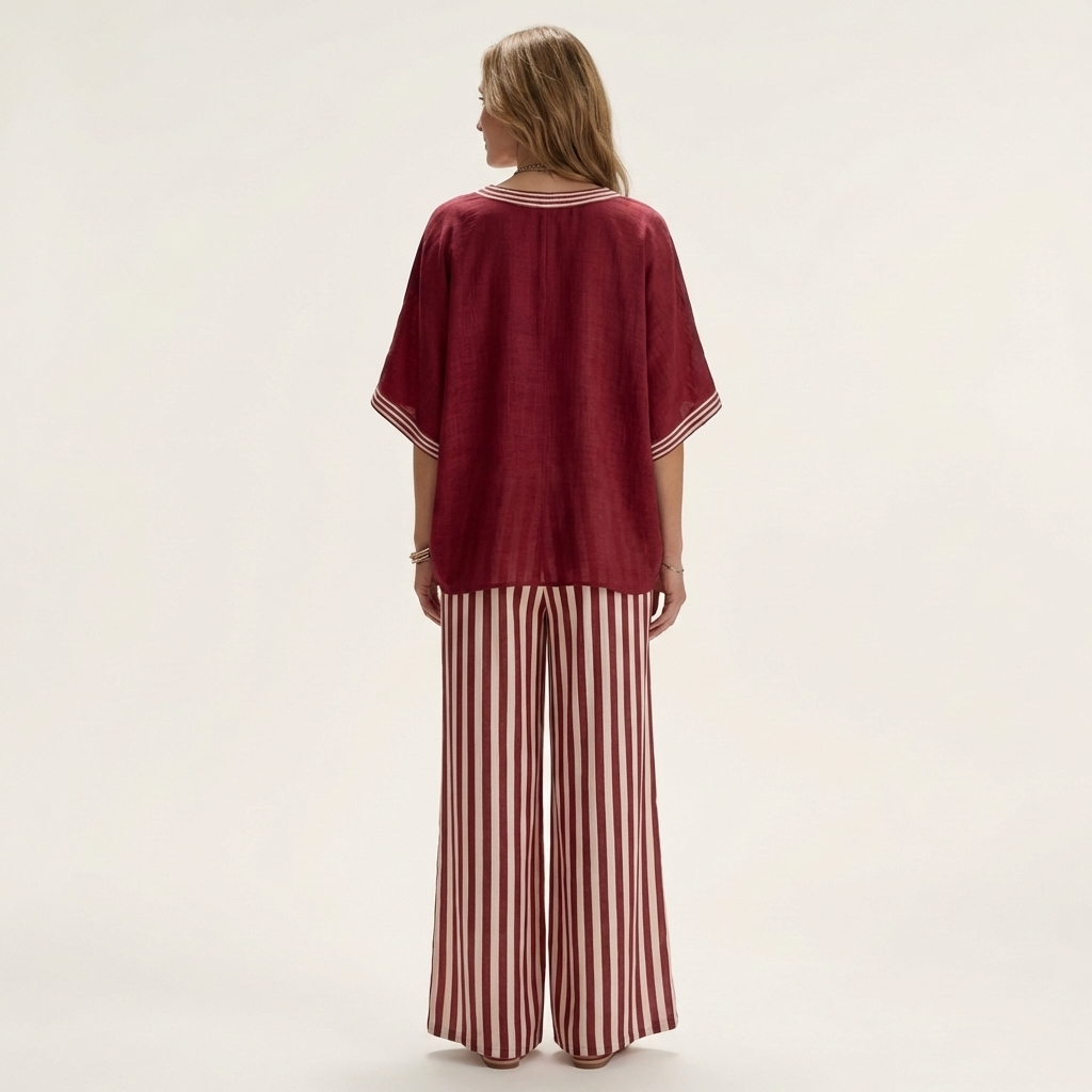 Juliana | Top z dekoltem w serek w stylu varsity oraz zestaw z szerokimi nogawkami w paski