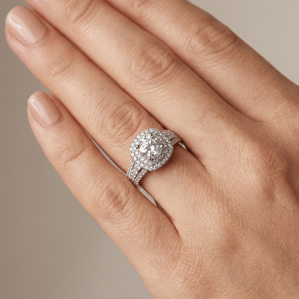 Elegancki srebrny pierścionek z diamentowym halo