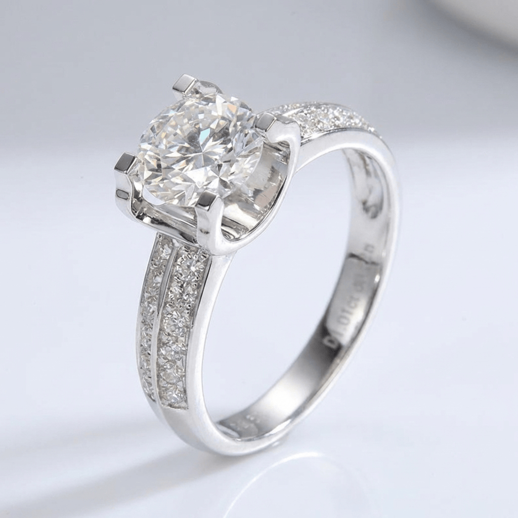 Elegancki regulowany srebrny pierścionek z okrągłym diamentem solitaire oprawionym w pavé