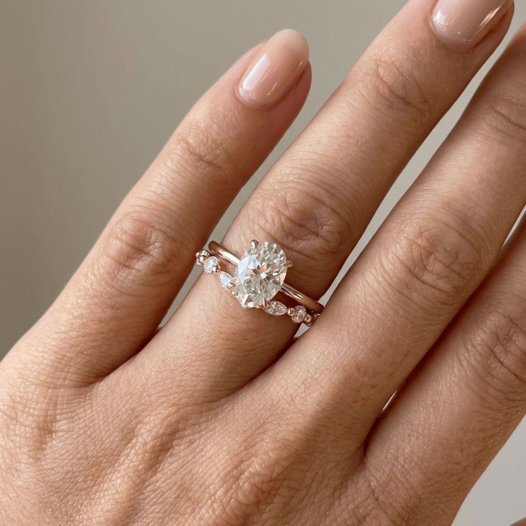 Elegancki zestaw złotych obrączek z diamentami w kształcie owalnym i w szlifie marquise
