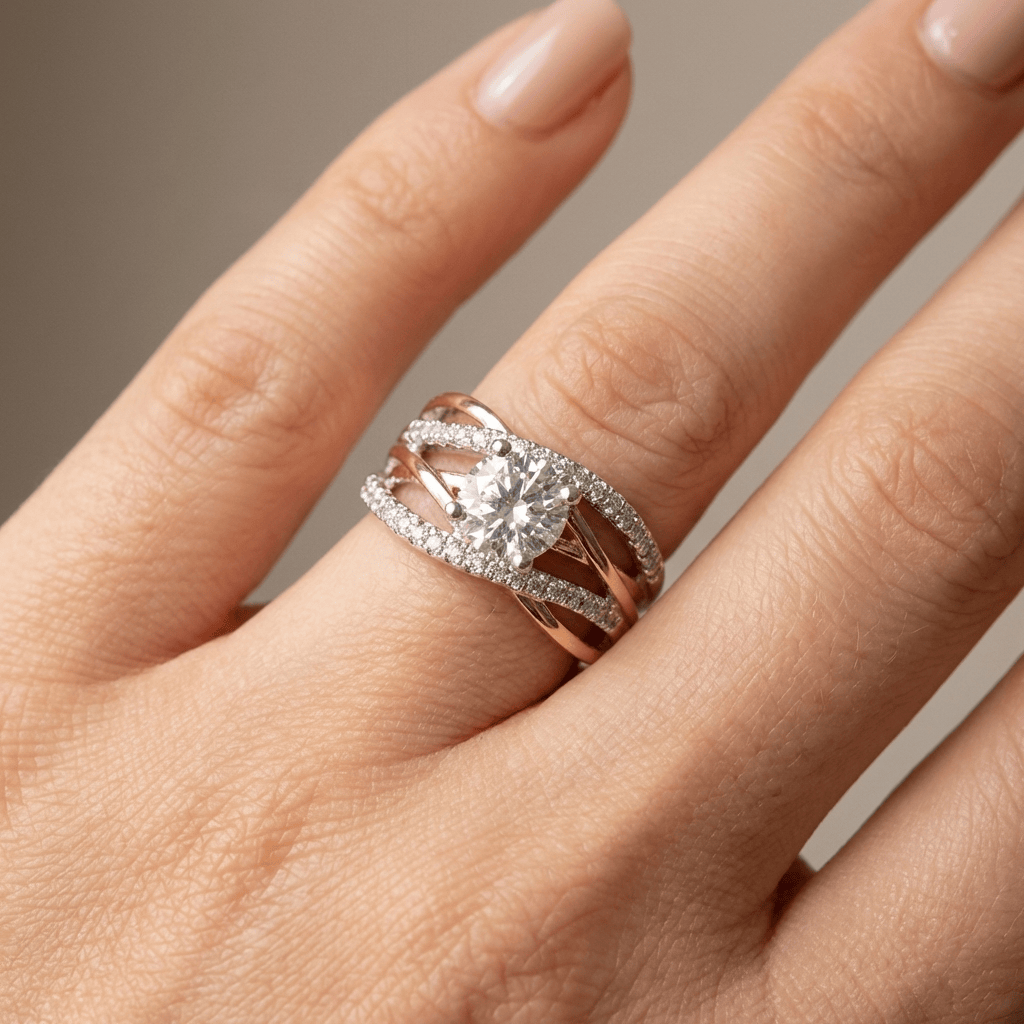 Pierścionek z różowego złota z diamentem o okrągłym szlifie, crossover – elegancki, błyszczący design