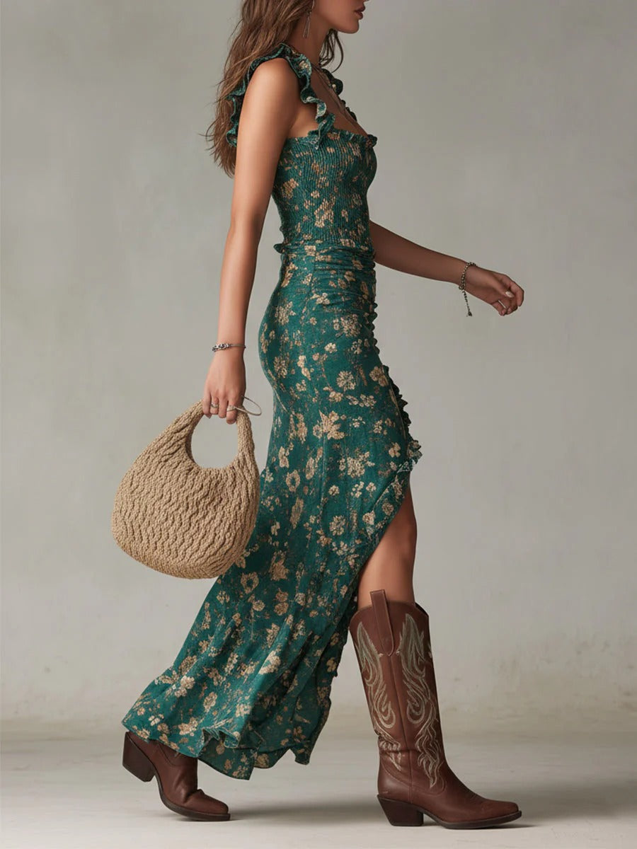 Zara Boho Kwiatowa Sukienka Maxi z Marszczeniami i Bocznym Rozcięciem – Nienachalna Elegancja Boho